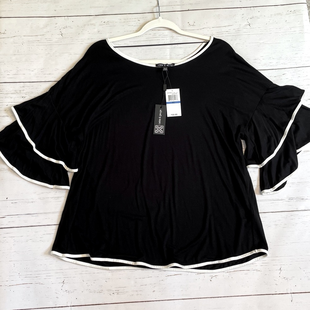 Cable & Gauge Black Ruffle-Sleeved Top with White Trim, size XL, NWT - Picture 4 of 10